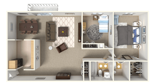 this is a 3d floor plan of a 846 square foot 1 bedroom apartment at the